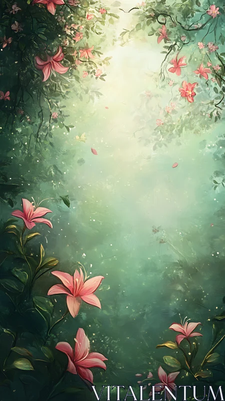 Floral Garden Frame with Pink Lilies and Green Mist