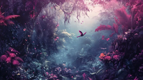 Glowing jungle ravine with magenta parrot in flight.