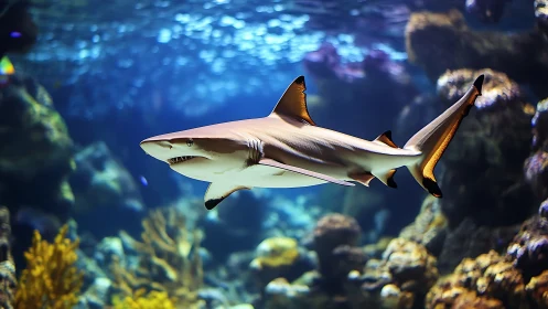 Graceful reef shark glides through a colorful coral world
