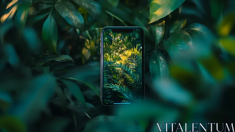 Smartphone screen integrates sharply with dense jungle foliage