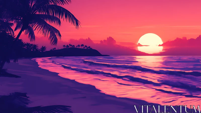 Digital coastal sunset scene shows stylized shoreline waves