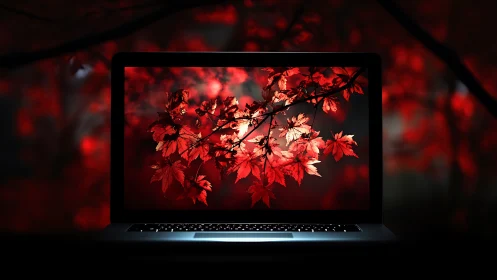Backlit laptop screen displaying vivid red maple foliage contrast