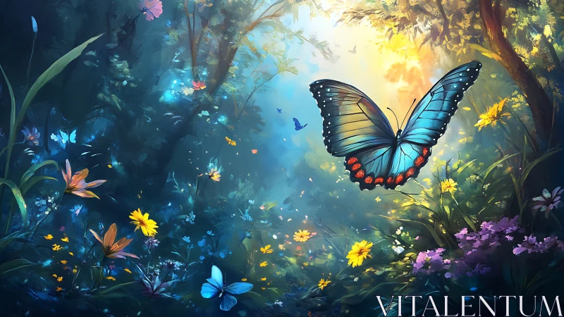 Luminous blue butterfly drifting through enchanted forest.