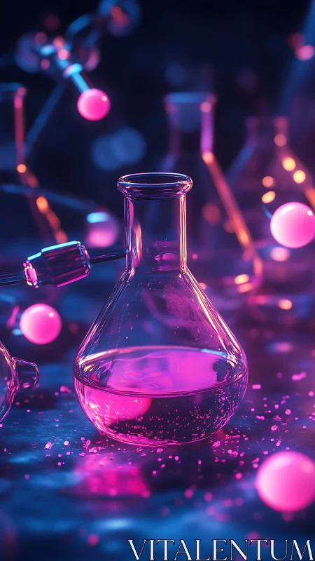 Glowing science flask shimmering with playful neon color.