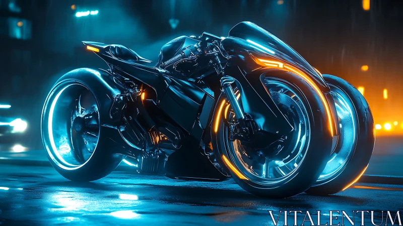 Futuristic neon-lit hoverbike concept on wet cyberpunk street.