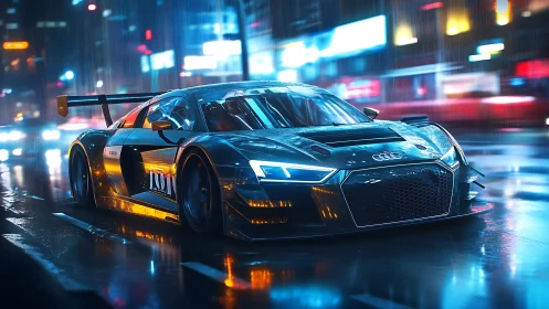Racing supercar cuts neon city street under heavy rain.
