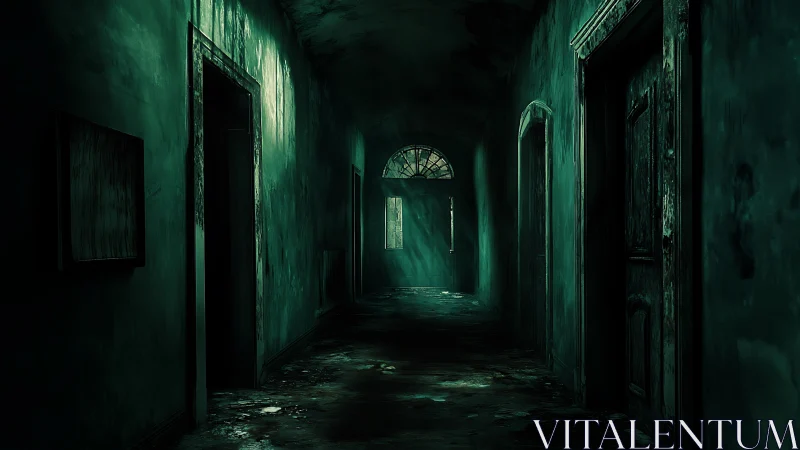 Volumetric light dissecting a decayed monochrome corridor.