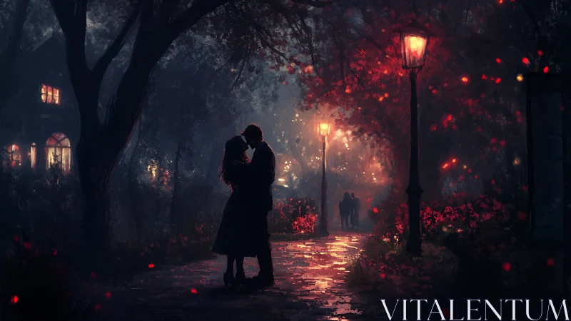 Romantic Silhouettes Under Crimson Bioluminescent Canopy.