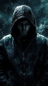 Hooded figure stands in low key lighting against smoky backdrop