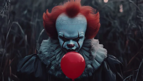 Sinister clown with red balloon in eerie twilight marsh.