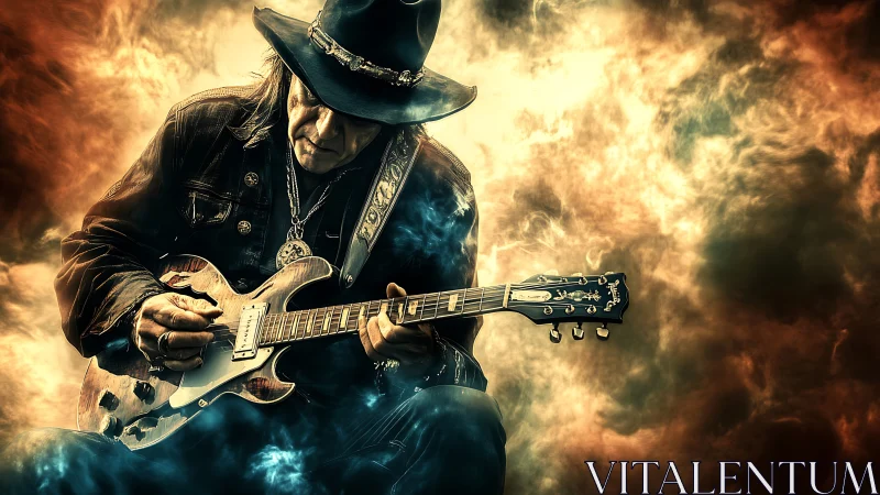 Electric guitarist in cowboy hat plays amid fiery smoke