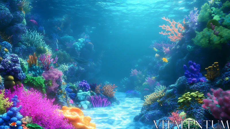 Neon coral canyon where shy golden fish guard quiet light.