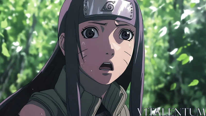 Shocked kunoichi close-up under dappled forest light.
