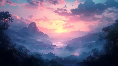 Sunlit valley landscape with mist, clouds, and distant peaks.