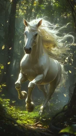 White horse runs through sunlit forest with dynamic motion