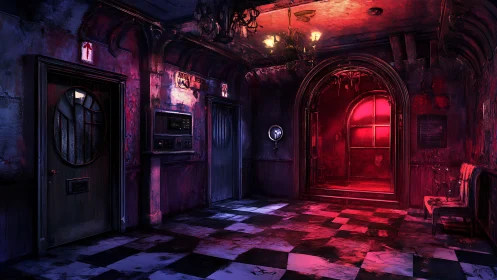 Glimmering red doorway beckons through a haunted hallway