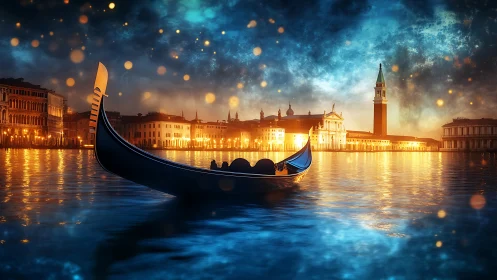 Gondola drifts through glowing Venetian waters at dreamy dusk
