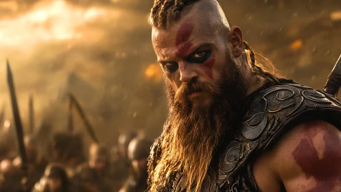 Battle-hardened Viking warrior in burning dusk chaos.