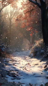 Autumn's Magic: A Snowy Forest Path Glows With Warmth