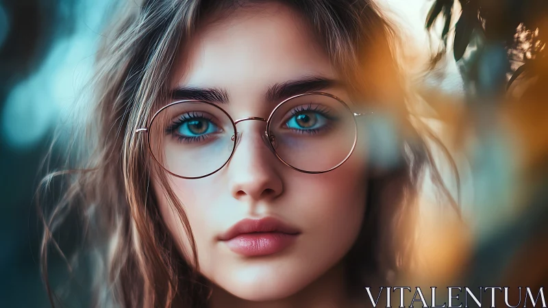 Portrait of contemplative girl in round glasses at dusk.