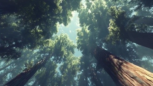 Upward worm's-eye perspective through old-growth redwood canopy with atmospheric light diffusion