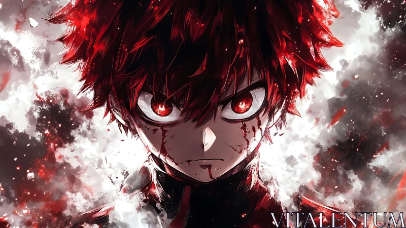 Bloodlit stare of a relentless anime antihero igniting chaos.
