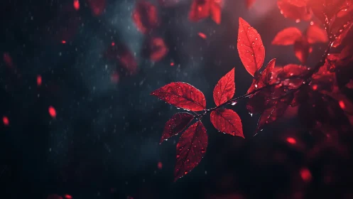 Macro study of red foliage with raindrops in low key light