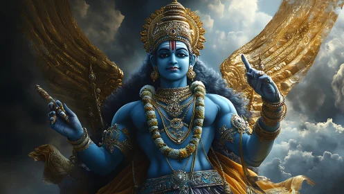 Skyborne blue deity crowned in tempest and molten gold clouds.