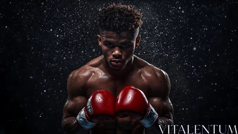 Athlete with Boxing Gloves Against Dark Background.