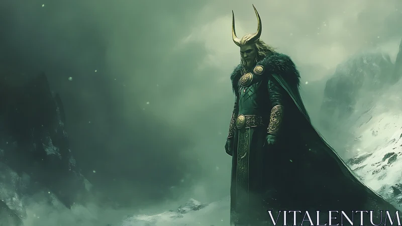 Armored horned sorcerer stands in blizzard-lit glacial ravine