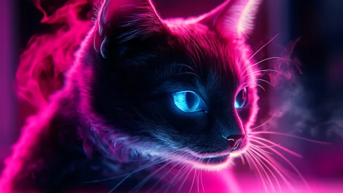 Neon cyberpunk cat portrait with glowing electric eyes.