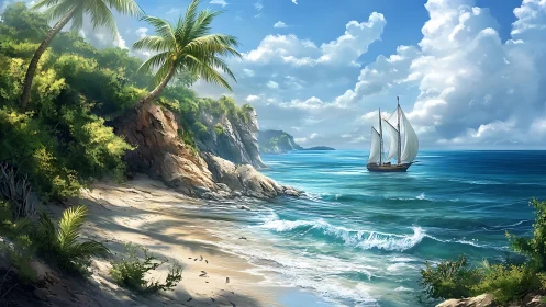 Tropical Cove with Sailing Vessel and Coastal Cliffs