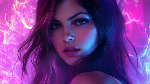 Neon-spectral female portrait under bicolor rim lighting analysis.