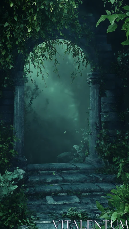 Stone archway in dense foliage with mist-filled passage.