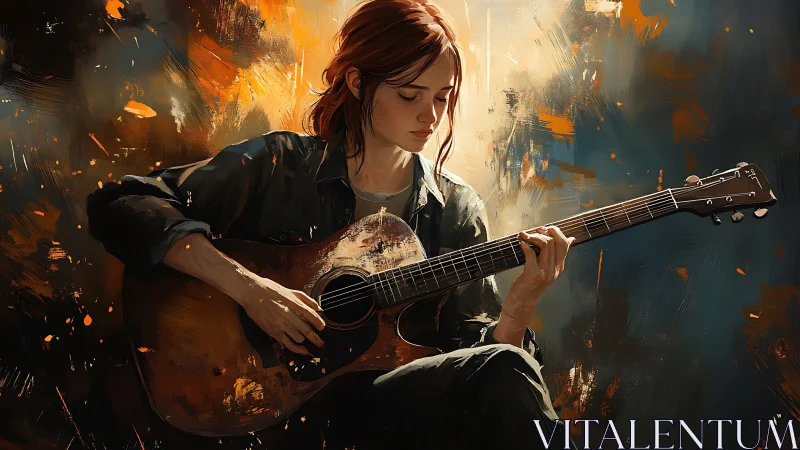 Digital painting of pensive guitarist in warm light.