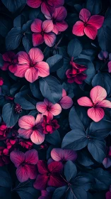 Dichromatic Flora: Pink and Magenta Blooms Against Deep Teal Foliage with Precise Petal Definition