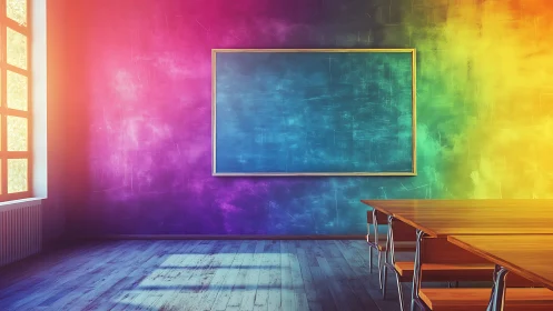 Vibrant gradient classroom interior with central blue chalkboard