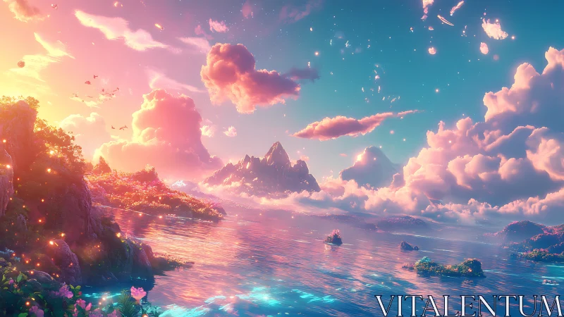 Dreamlike pastel sunrise over a tranquil fantasy bay.