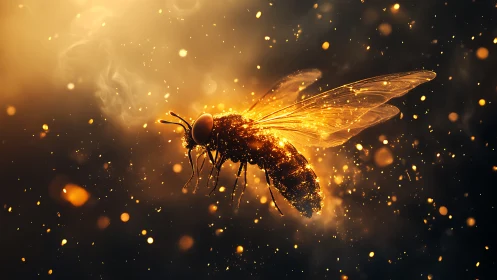 Luminous golden bee glows amid swirling ember sparks.