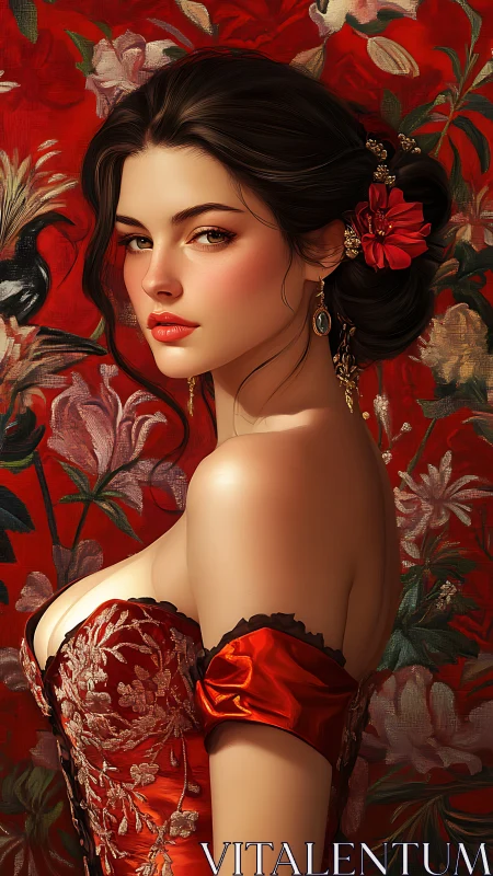 Digital portrait of corseted woman against floral red field.