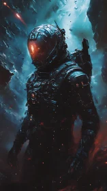 Lone armored astronaut drifting through burning nebula storm.
