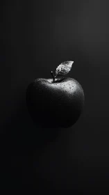Black apple with leaf in stark monochrome lighting.