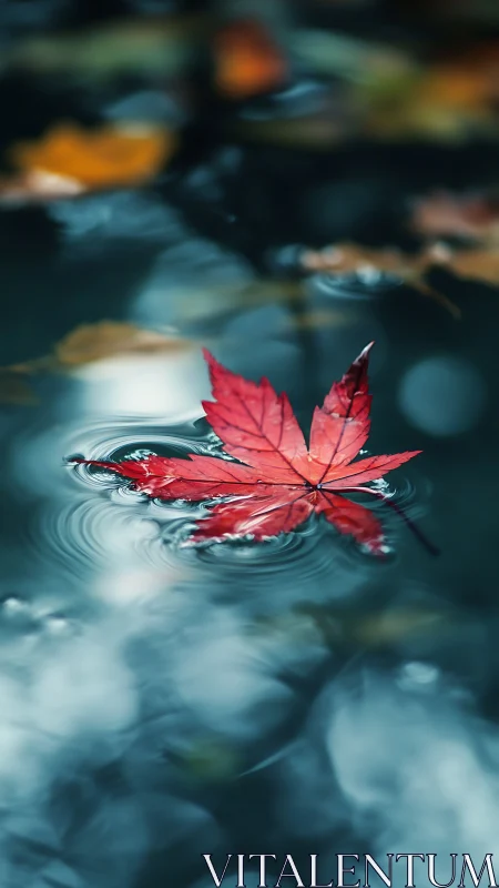 Red maple leaf floating on rippling reflective water surface.