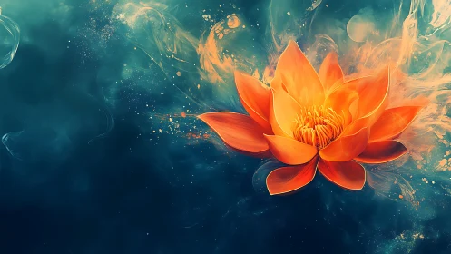 Incandescent lotus drifts through teal cosmic waterscape.
