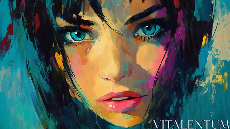 Intense blue eyed woman in vivid abstract portrait painting.