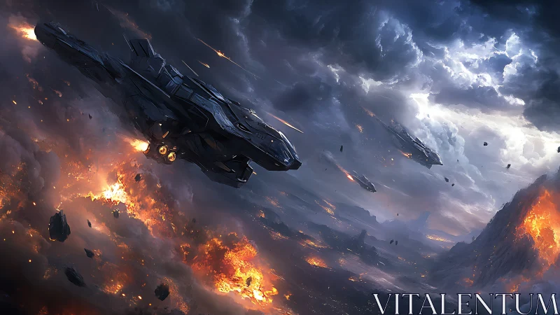 Massive spacecraft descends through fiery atmospheric chaos.