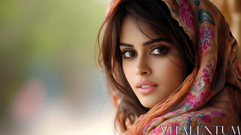 Portrait of a woman in floral scarf with soft, natural lighting.