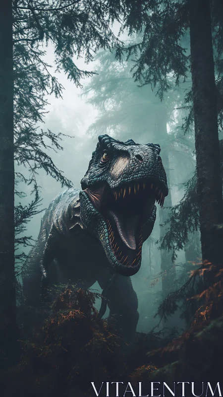 Tyrannosaurus rex roars in misty coniferous forest