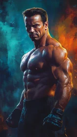 Muscular fighter under teal and orange dramatic lighting.