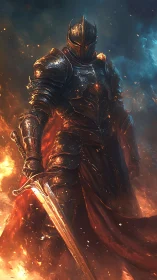 Armored fire knight strides through embers in stormy light